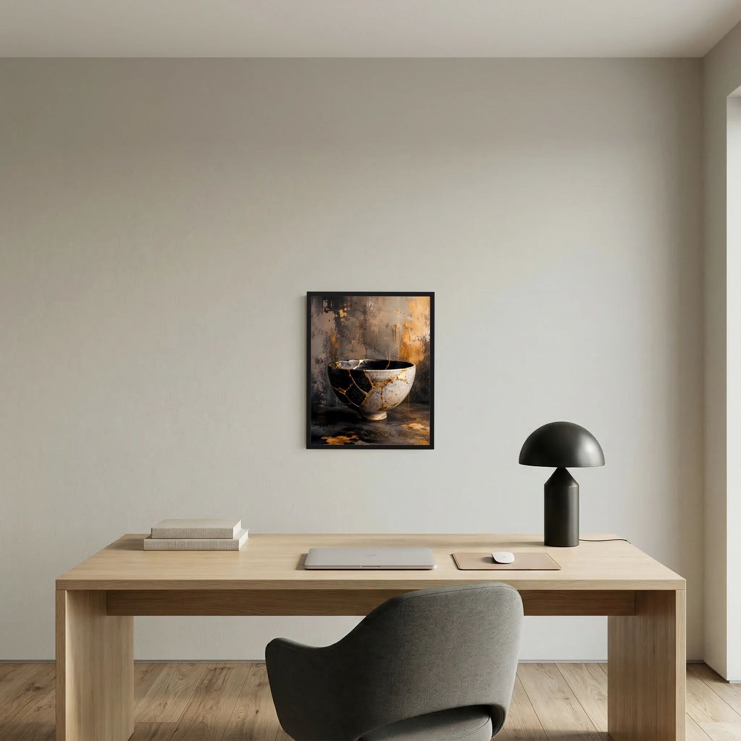 Kleines gerahmtes Poster Hochformat mit Kintsugi-Schale in Schwarz, Weiß und Gold