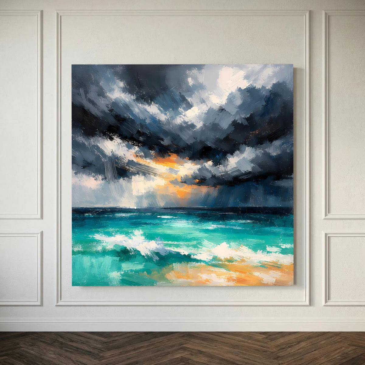 Leinwand-Wandbild mit Rahmen: Wolkenbruch über türkisfarbenem Wasser, orange Highlights.