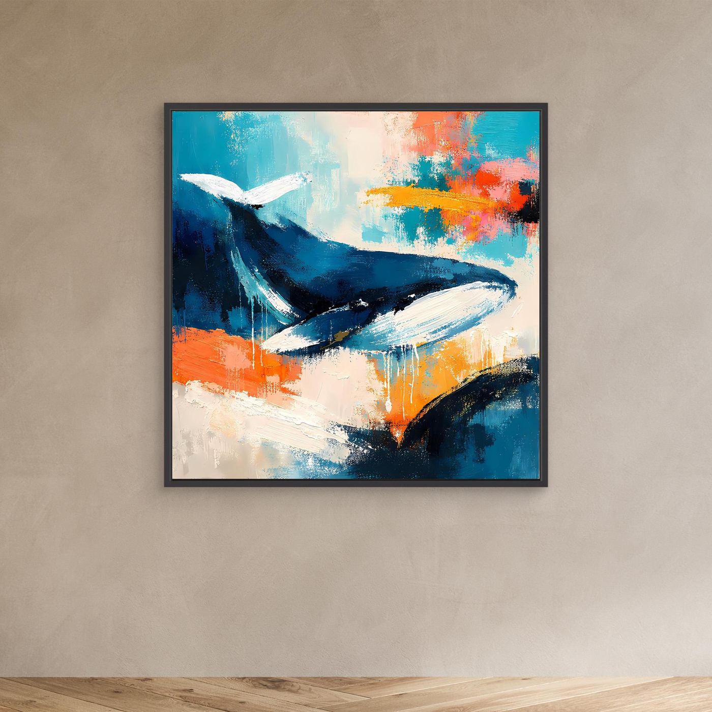 Leinwand-Wandbild mit abstraktem Wal in Blau und Türkis, Orange und Weiß, mit dunklem Rahmen