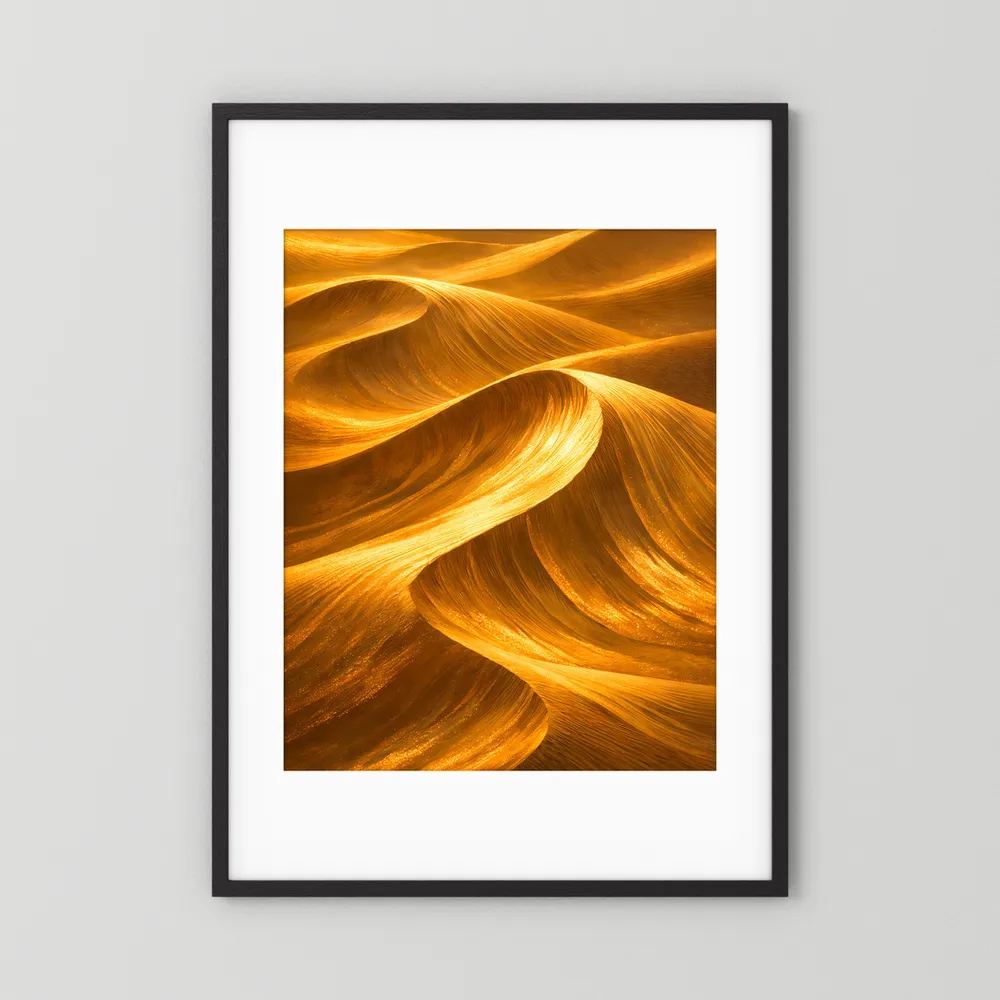 Wüstenlandschafts-Poster im Hochformat mit schwarzem Rahmen und goldener Dünenzeichnung