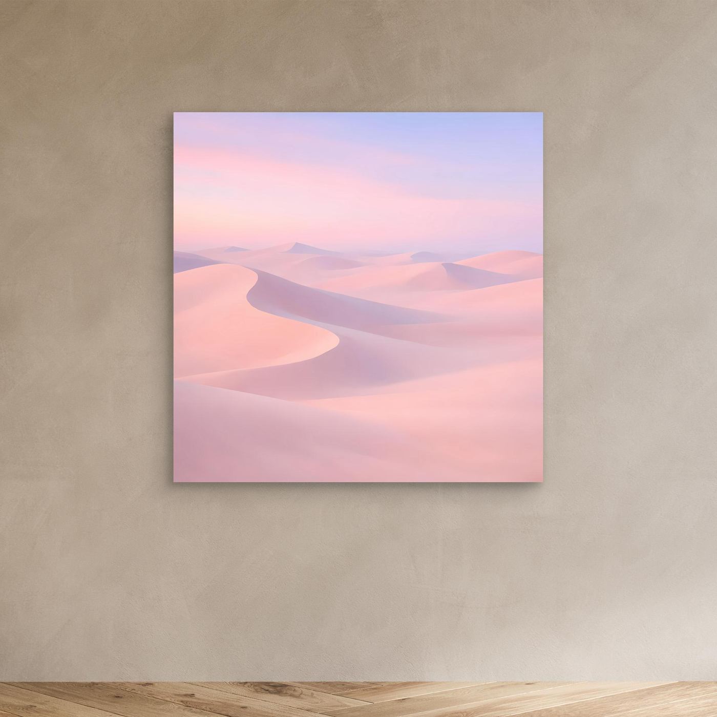 Leinwandbild mit pastellfarbenen Wüstendünen in Rosa und Violett, ohne Rahmen