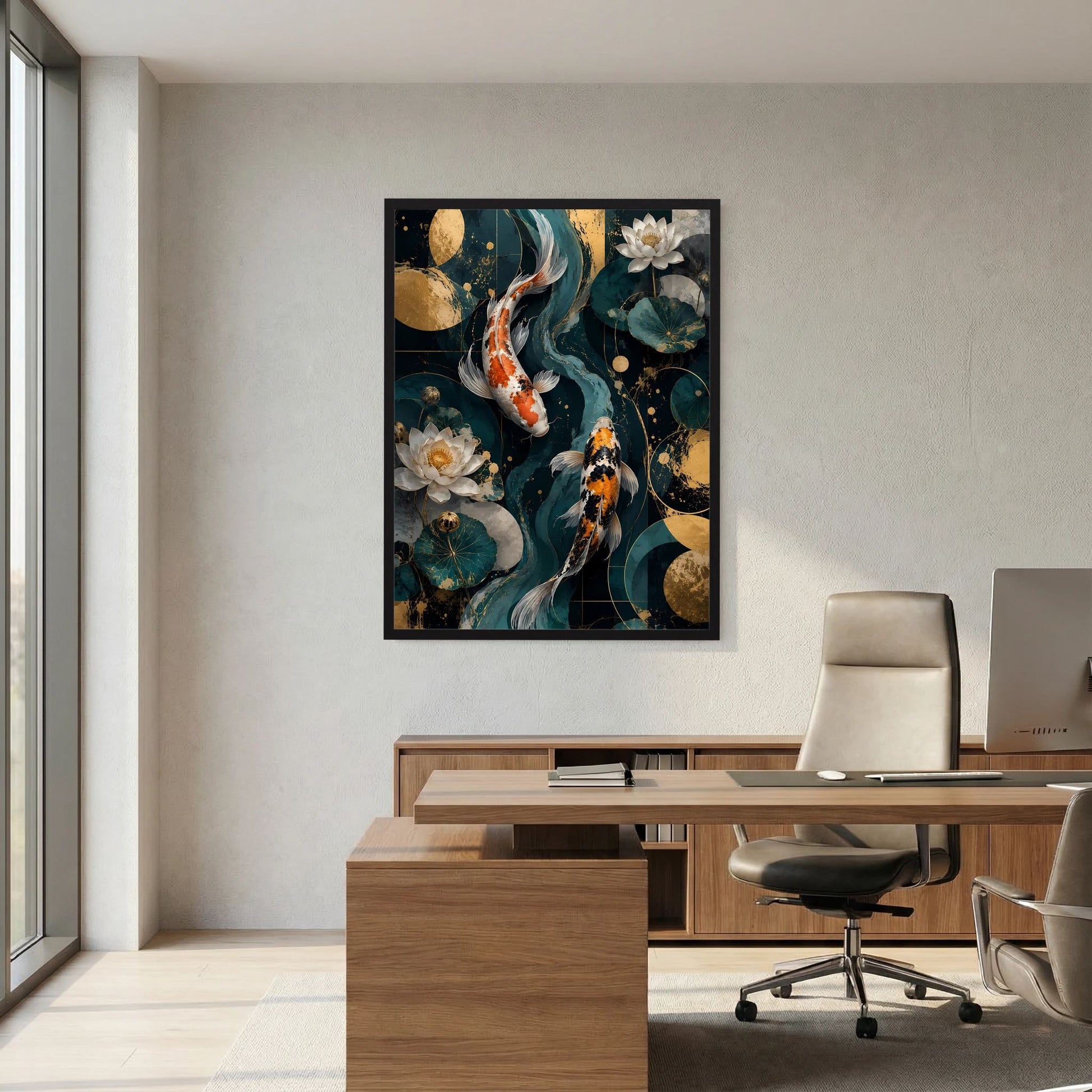 Poster im Hochformat mit Koi-Fischen und Lotusblüten in Petrol und Gold, schwarzer Rahmen