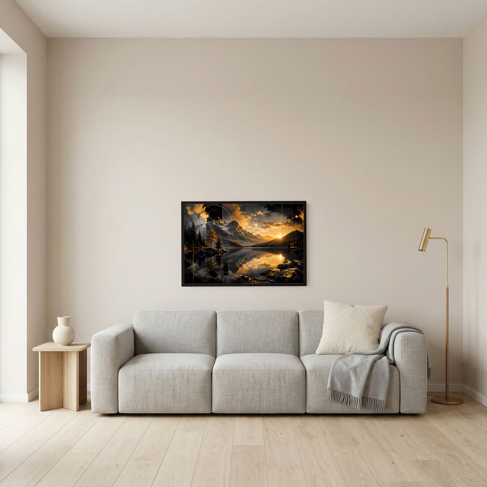 Wandposter im Querformat mit Bergsee bei Sonnenuntergang, schwarze und goldene Landschaft im schwarzen Rahmen