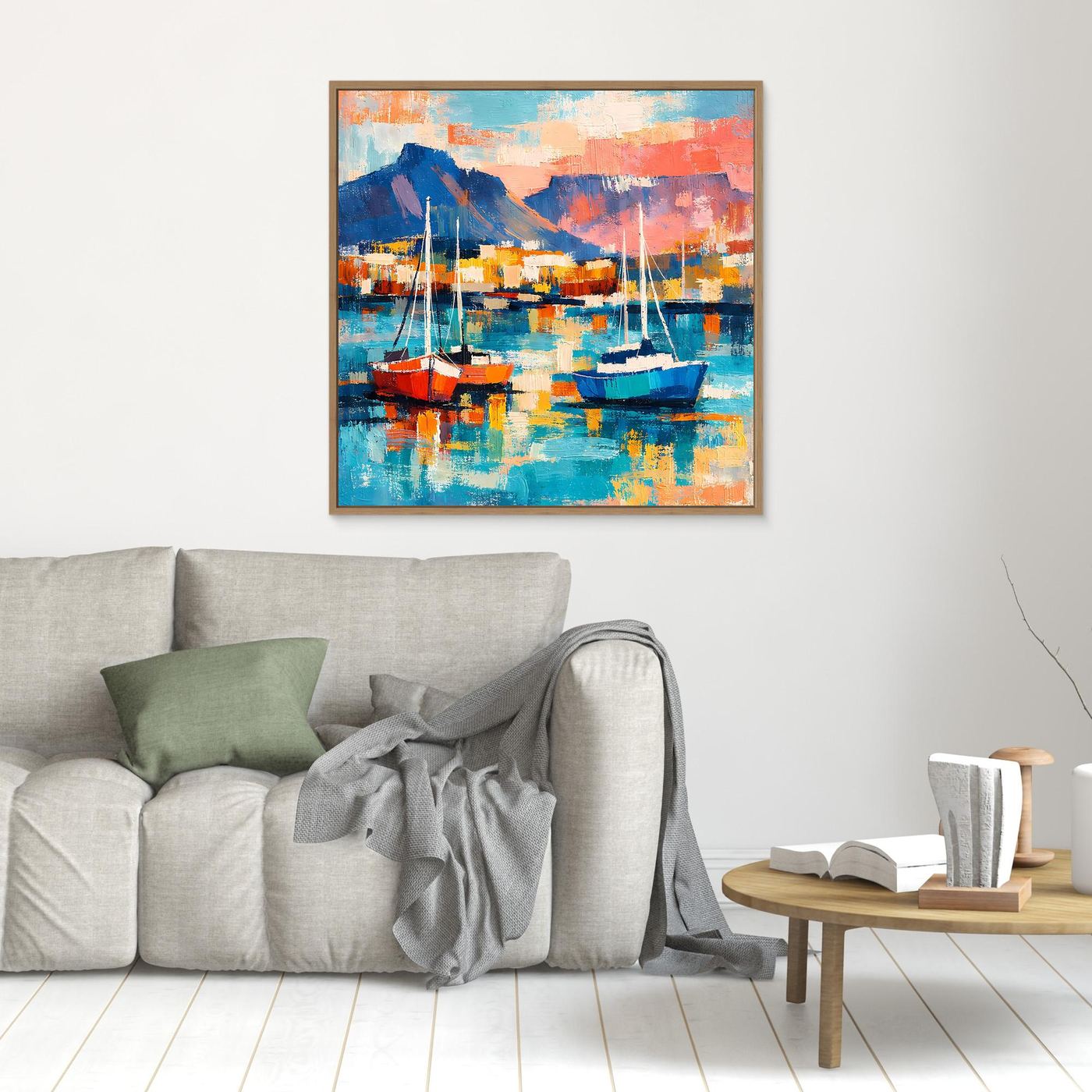 Leinwand-Wandbild mit abstrakten Segelbooten im Hafen, kleiner brauner Rahmen