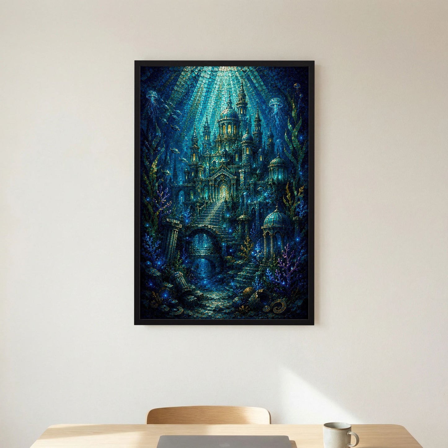 Hochformatiges Poster mit Unterwasserstadt im blau-goldenen Mosaikstil, im schwarzen Rahmen.