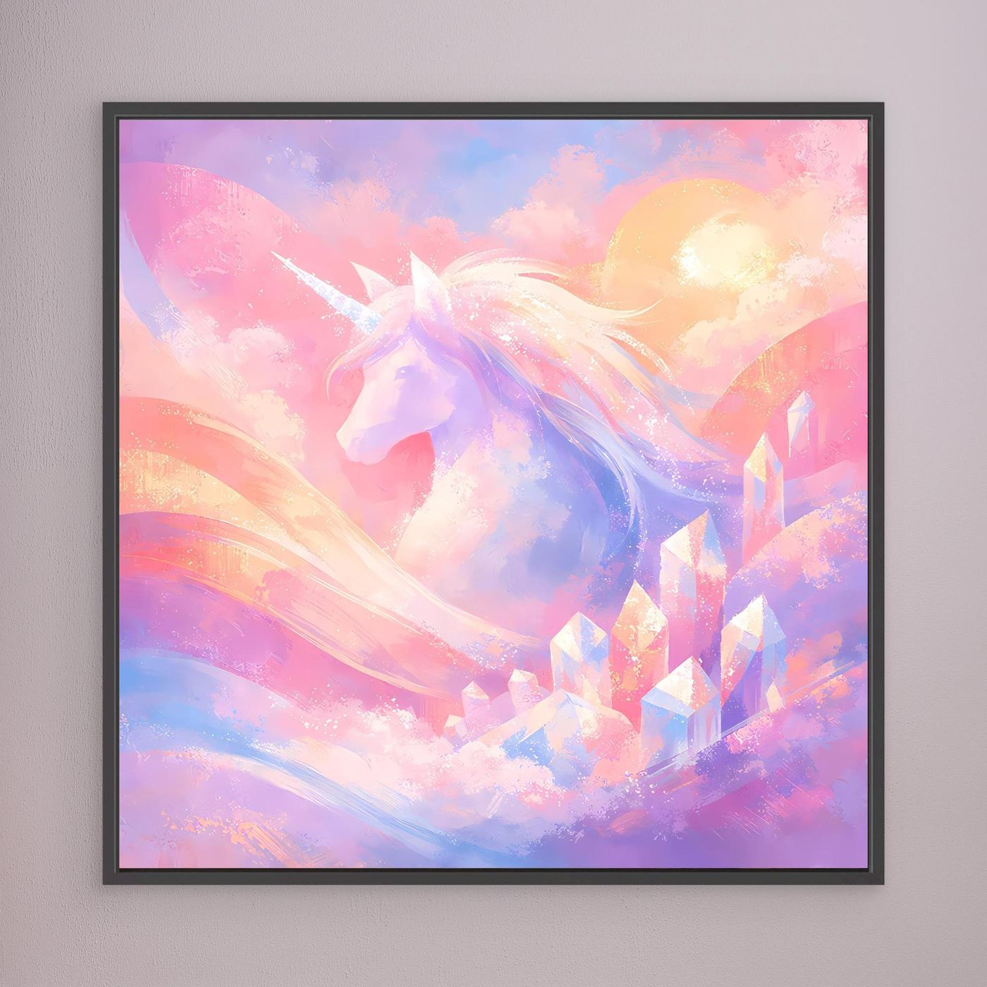 Leinwandbild mit Einhorn-Motiv in Pastellfarben, mit schwarzem Rahmen