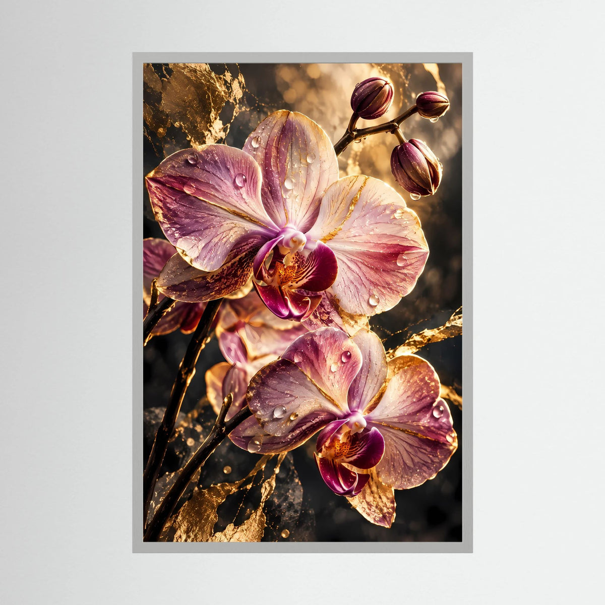 Hochformatiges Poster mit rosa Orchideenblüten und Wassertropfen, mit heller Randfläche