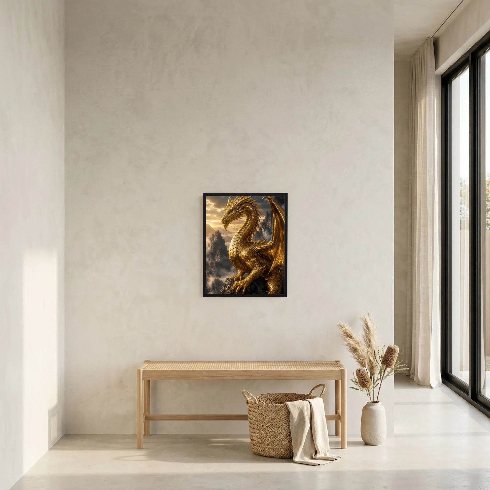 Hochformatiges Kunstposter mit goldenem Fantasy-Drache im dunklen Rahmen