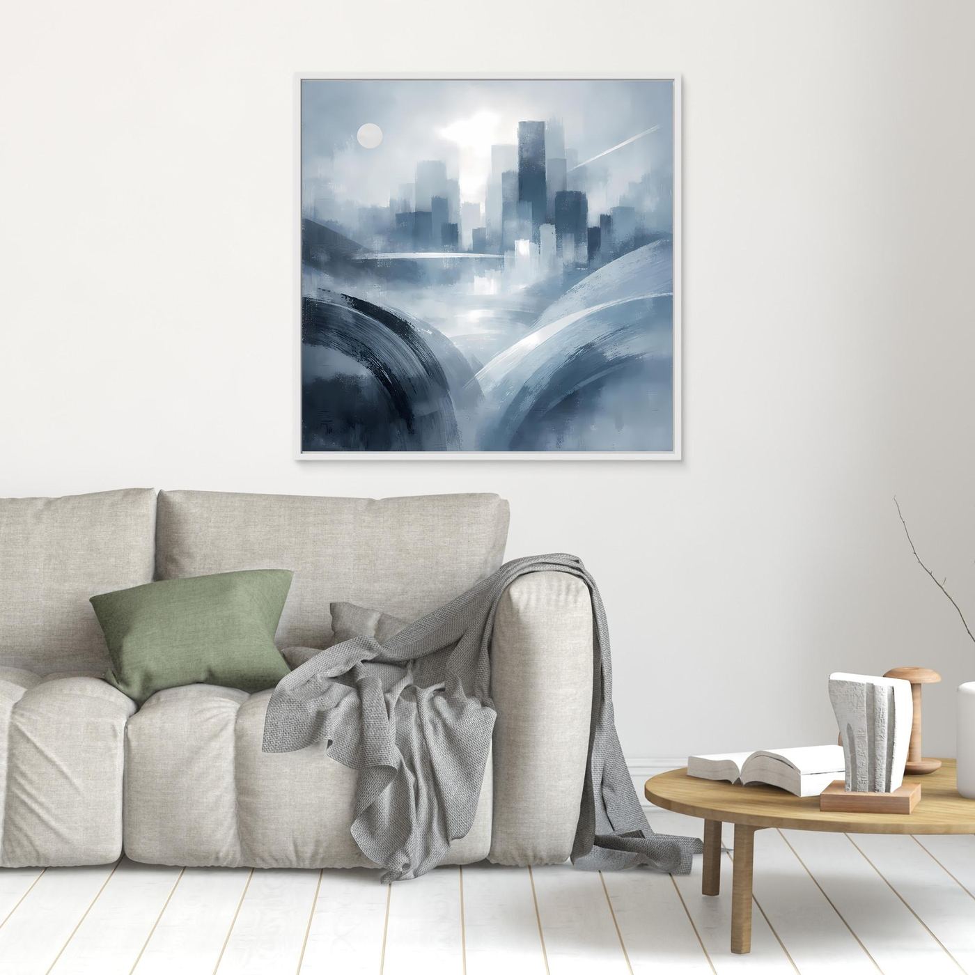 Leinwandbild mit hellem Rahmen: abstrakte Skyline in Blau-Grau, sanfte Verlaufsmuster