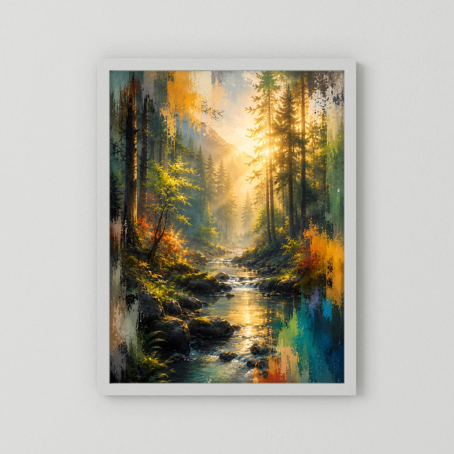 Kunstposter im weißen Rahmen mit abstrakter Waldlandschaft und Bach, in Gelb- und Blautönen