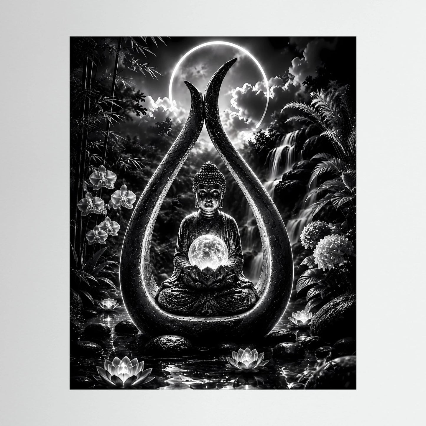Poster mit Buddha-Motiv im Mondlicht, Schwarzweiß, Hochformat