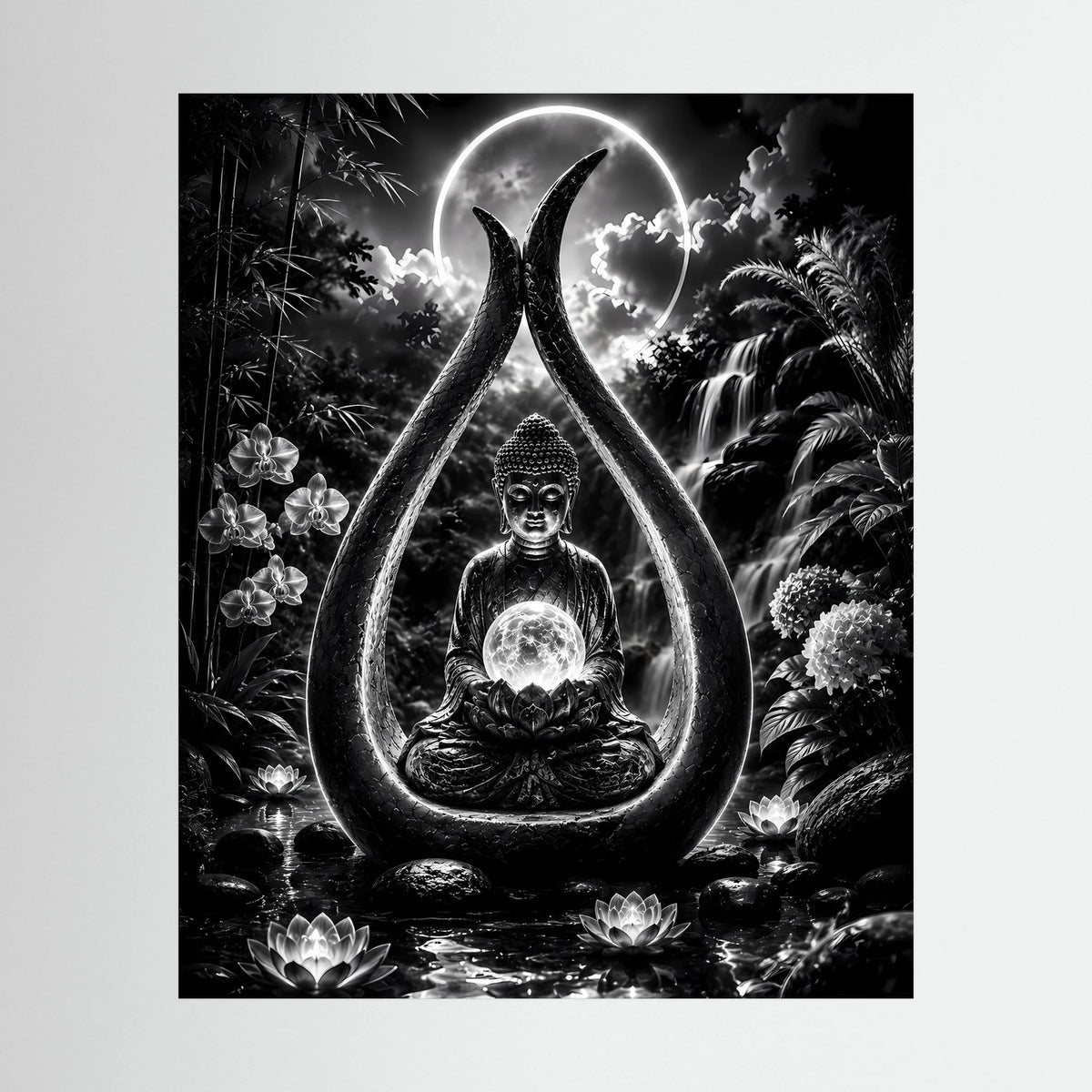 Poster mit Buddha-Motiv im Mondlicht, Schwarzweiß, Hochformat