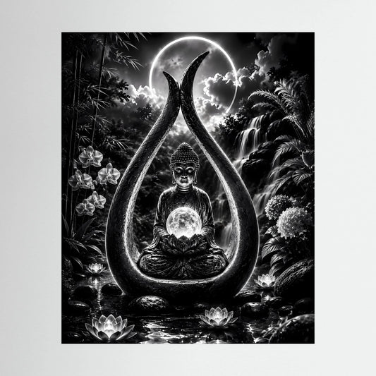 Poster mit Buddha-Motiv im Mondlicht, Schwarzweiß, Hochformat