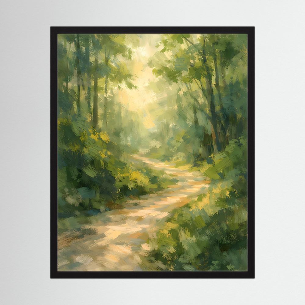Waldweg-Poster im schwarzen Rahmen, grüne Bäume und sonniger Lichtschein auf dem Weg