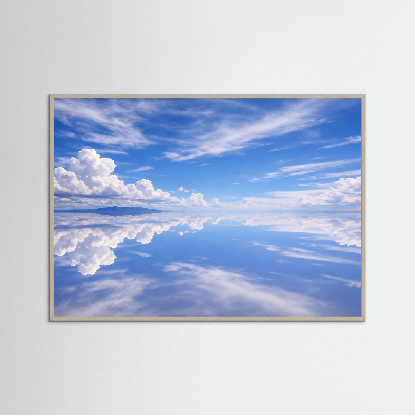 Panorama-Poster mit Himmel- und Wolkenmotiv, hellbrauner Holzrahmen