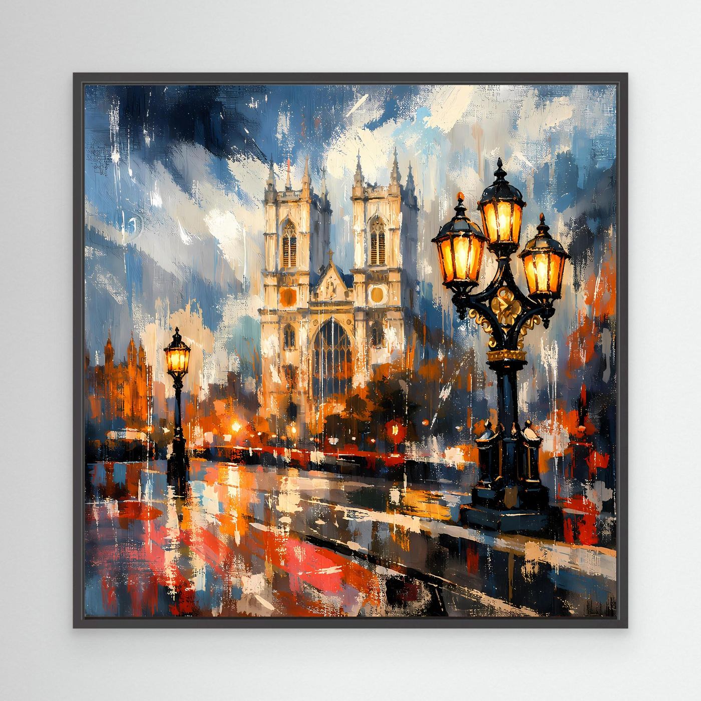 Abstraktes Leinwand-Wandbild mit Kathedrale und Laternen im Regen, schwarzer Rahmen.