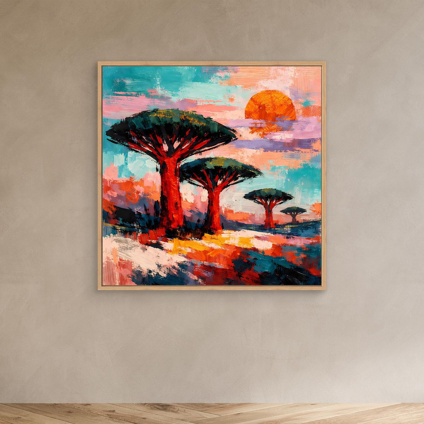 Leinwand Drachenblutbäume bei Sonnenuntergang | Abstraktes Savannen Wandbild