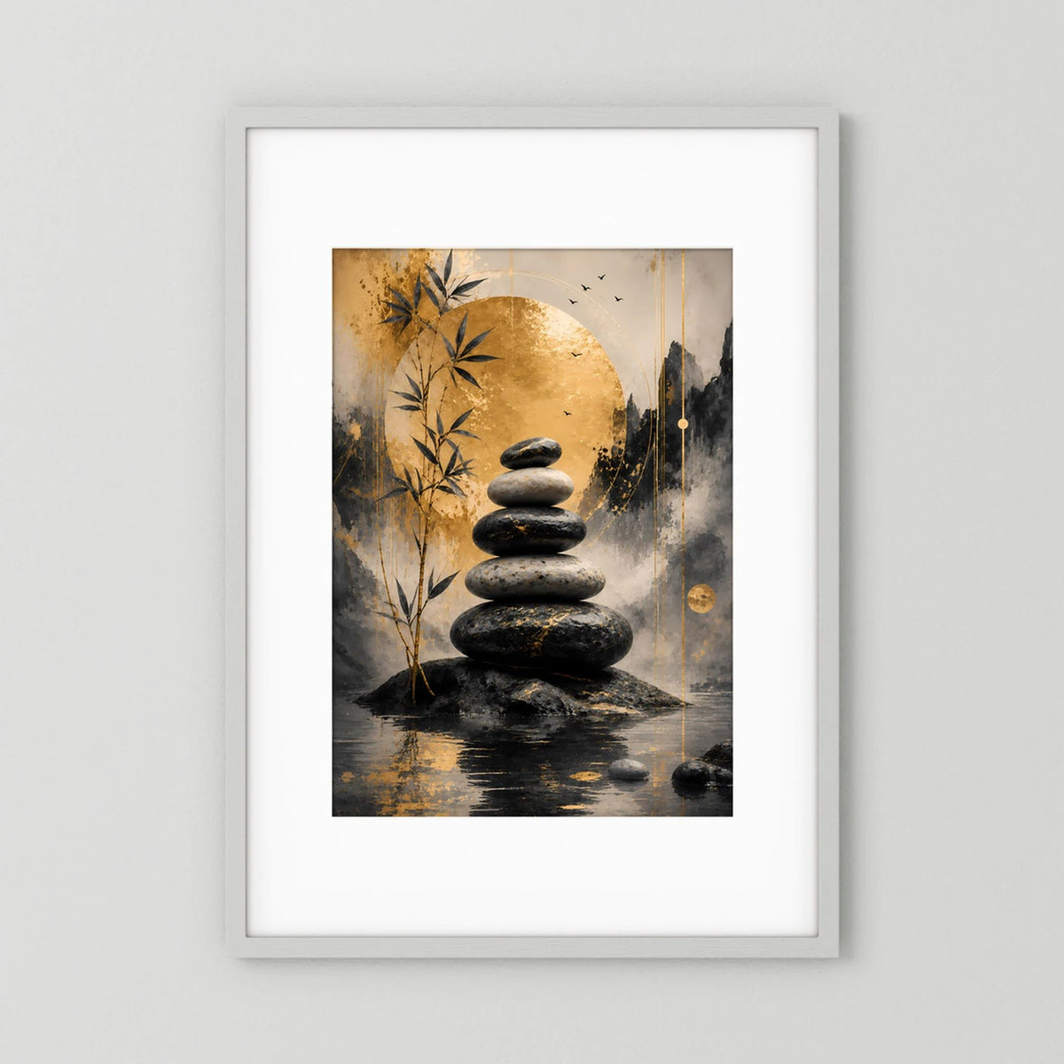 Gerahmtes Hochformat-Poster mit schwarzen Steinen und Bambus, abstrakt in Gold und Dunkelgrau