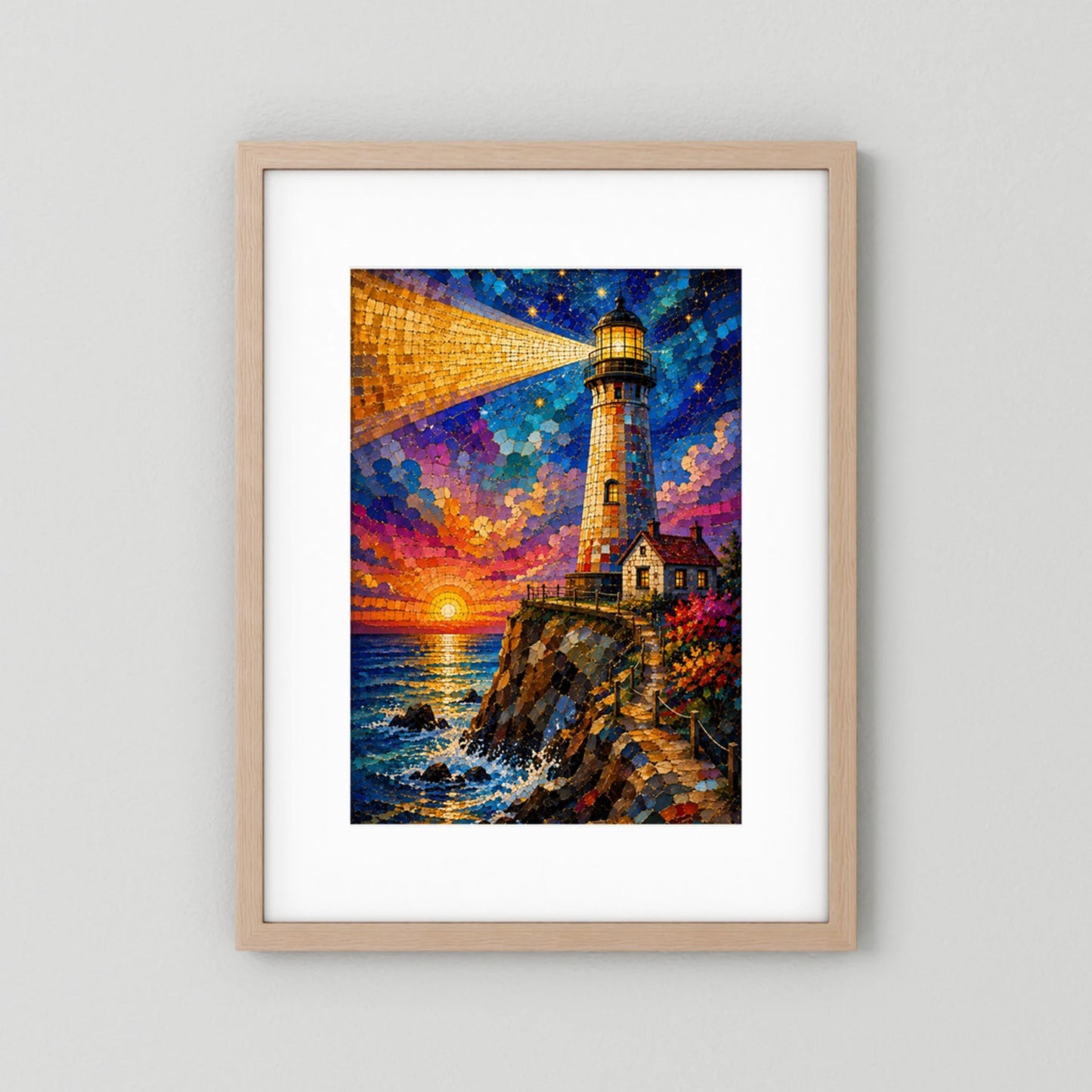 Leuchtturm im Sonnenuntergang | Farbenfrohe Mosaik Küstenkunst | Poster Hochformat