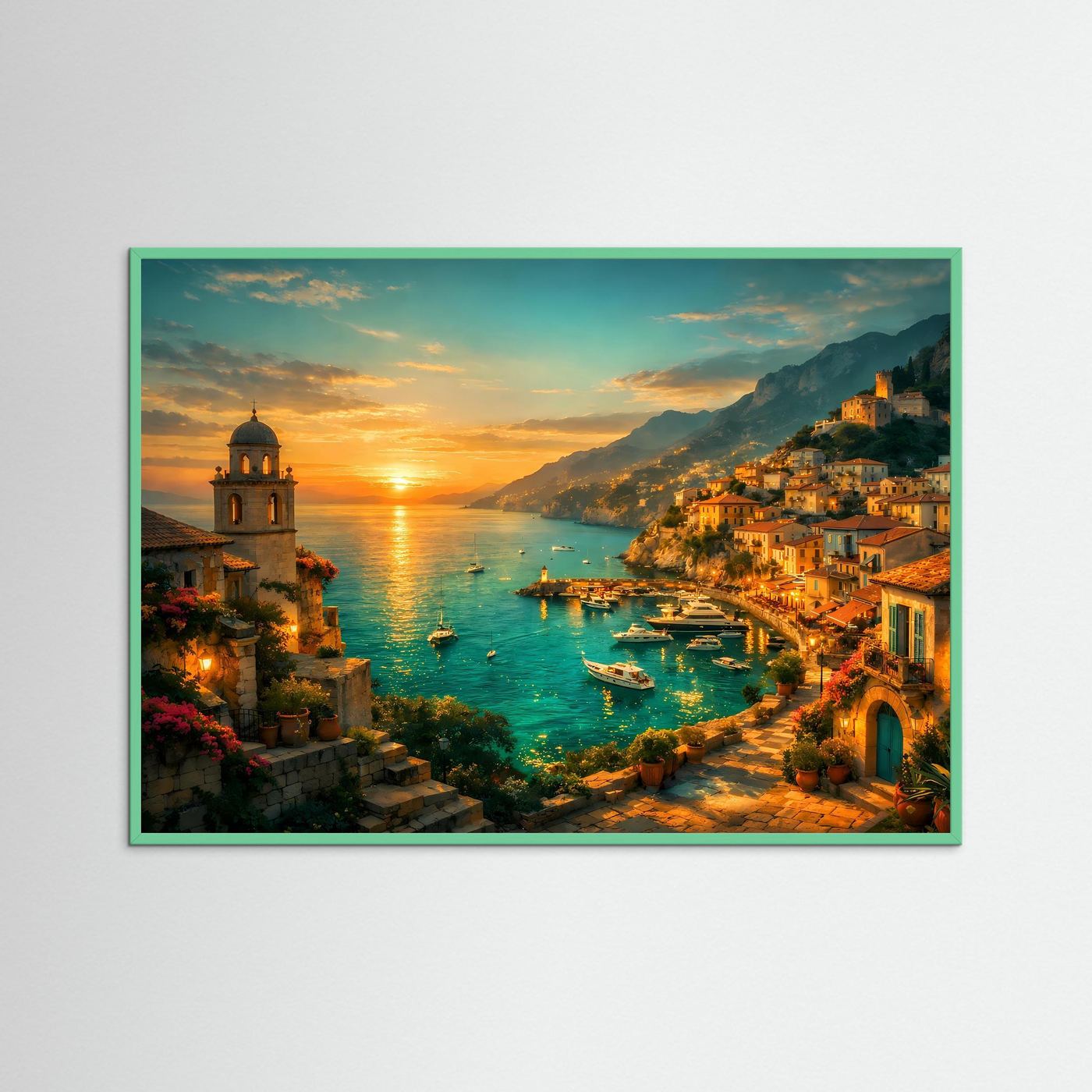 Wandposter Küstenstadt am Sonnenuntergang mit Meer, Booten und Kirche im Vordergrund, grün gerahmt