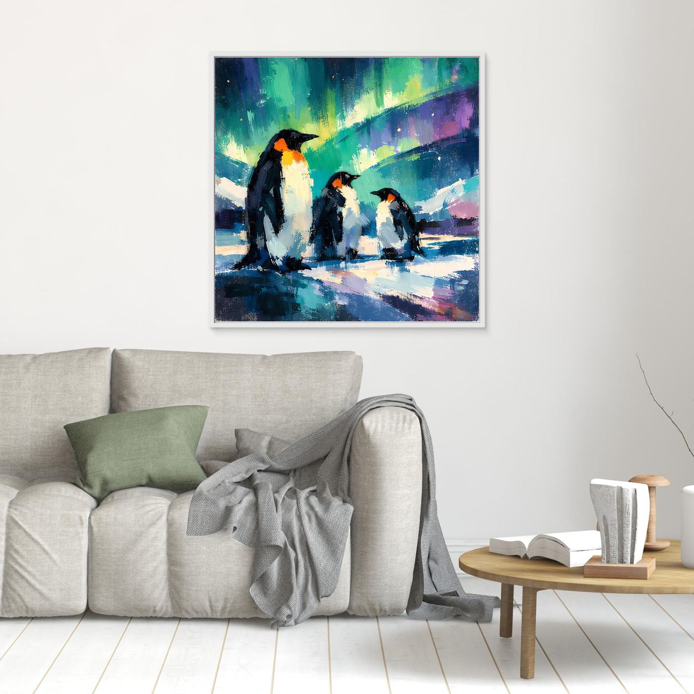 Leinwand Majestätische Pinguine unter Polarlichtern | Abstraktes Antarktis & Nordlicht Wandbild