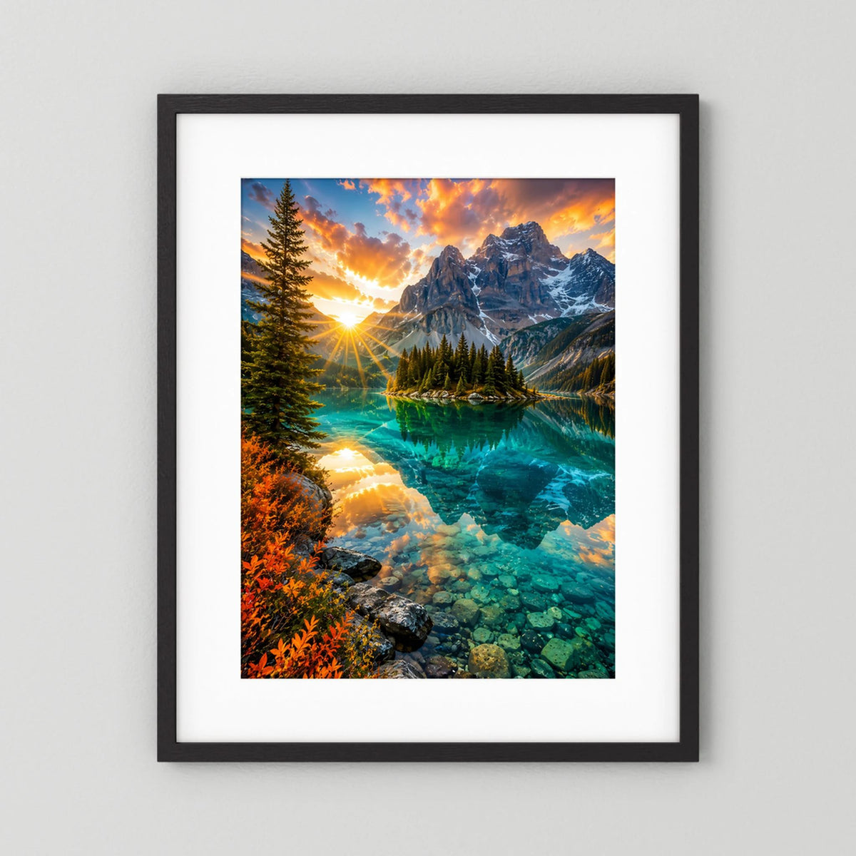 Türkiser Bergsee bei Sonnenuntergang | Majestätische Berglandschaft mit Spiegelung | Poster Hochformat