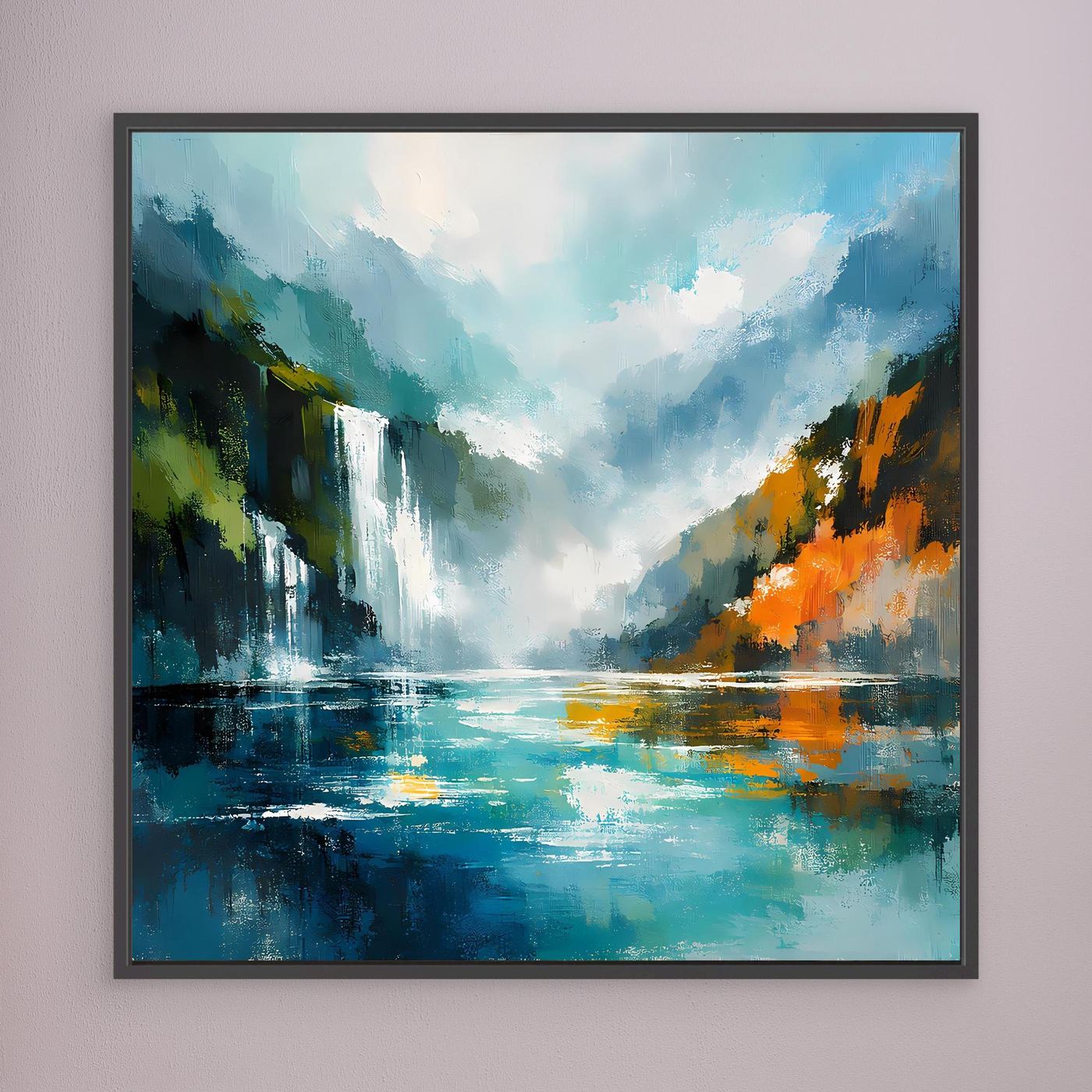 Gerahmtes abstraktes Fjordbild: Wasserfall über See, blau-grün mit orangefarbenen Farbtupfern.