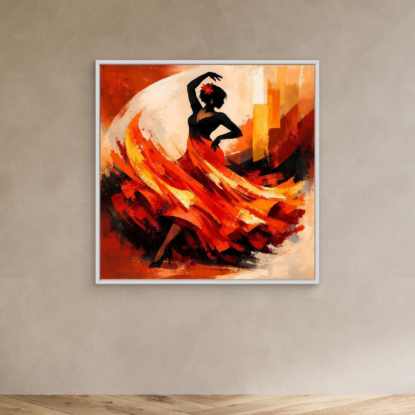 Leinwandbild Flamenco-Tänzerin mit weißem Rahmen, rote Farbstriche