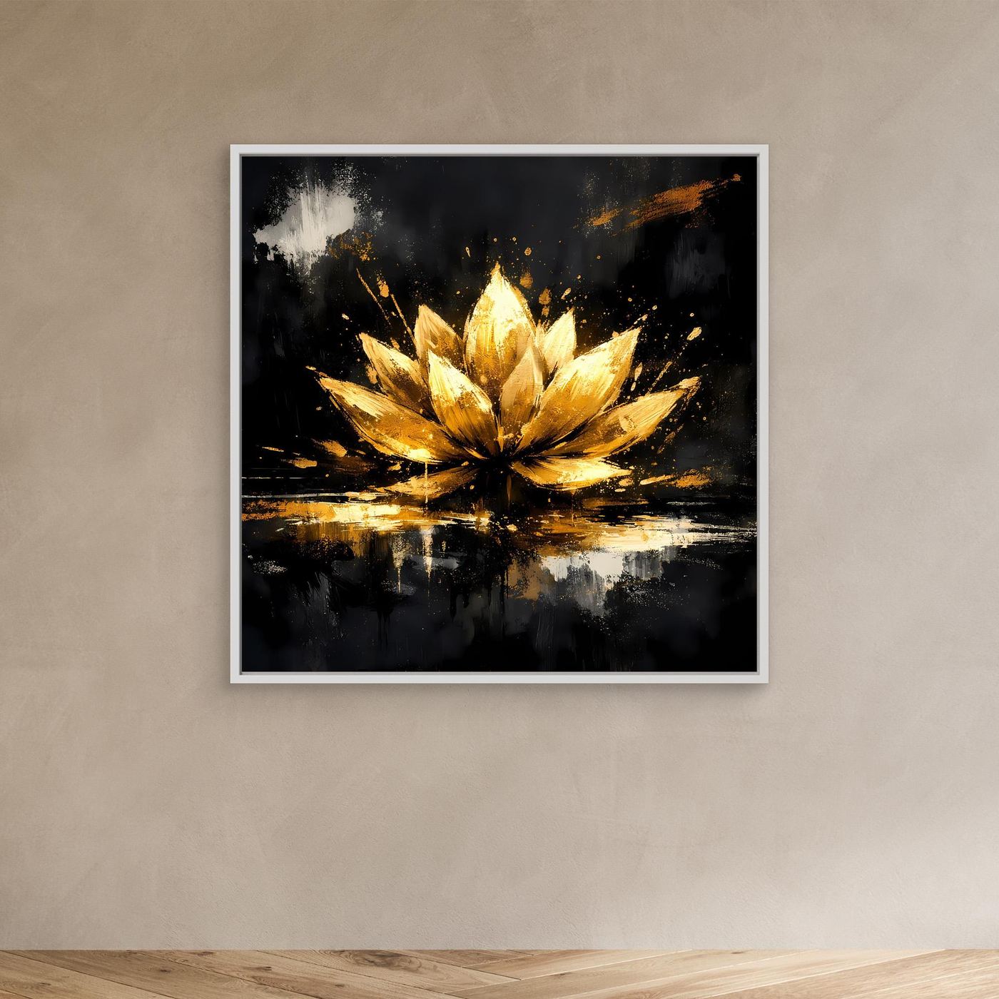 Leinwand Goldene Lotusblüte Abstrakt | Modernes Lotus Wandbild Schwarz Gold