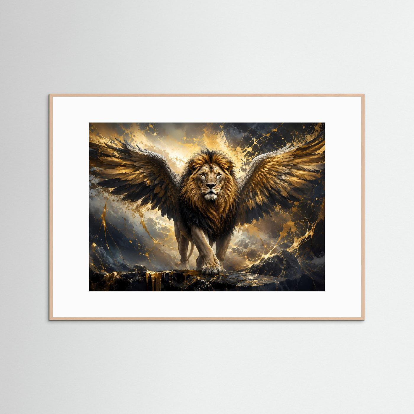 Geflügelter Löwe in Schwarz & Gold | Majestätische Fantasy Löwen Kunst