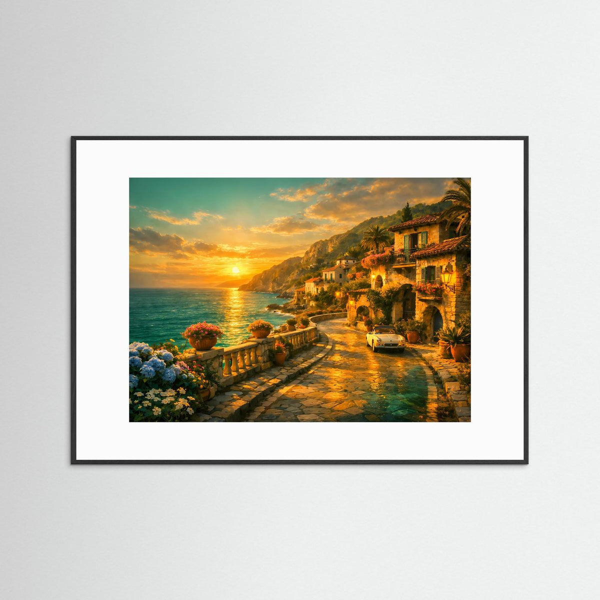 Mediterranes Küstenpanorama-Poster mit Sonnenuntergang im schwarzen Rahmen und weißem Passepartout