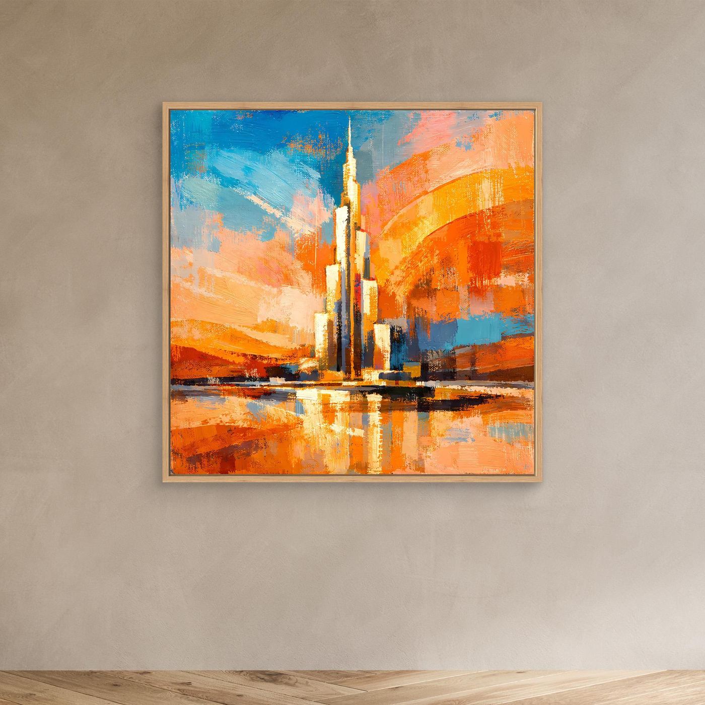Abstraktes Leinwand-Wandbild mit Turm und Spiegelung, blau-orange, Eichenrahmen