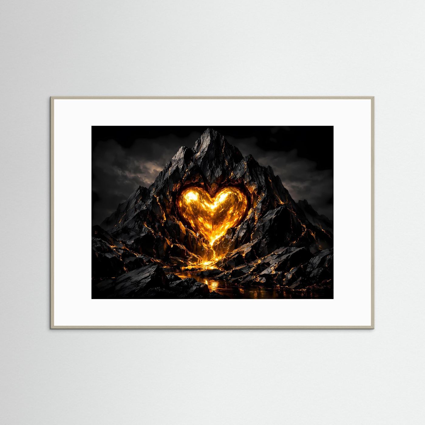 Glühendes Vulkanherz im Fels massiv | Feurige Magma Kunst & Herz Wandbild Querformat