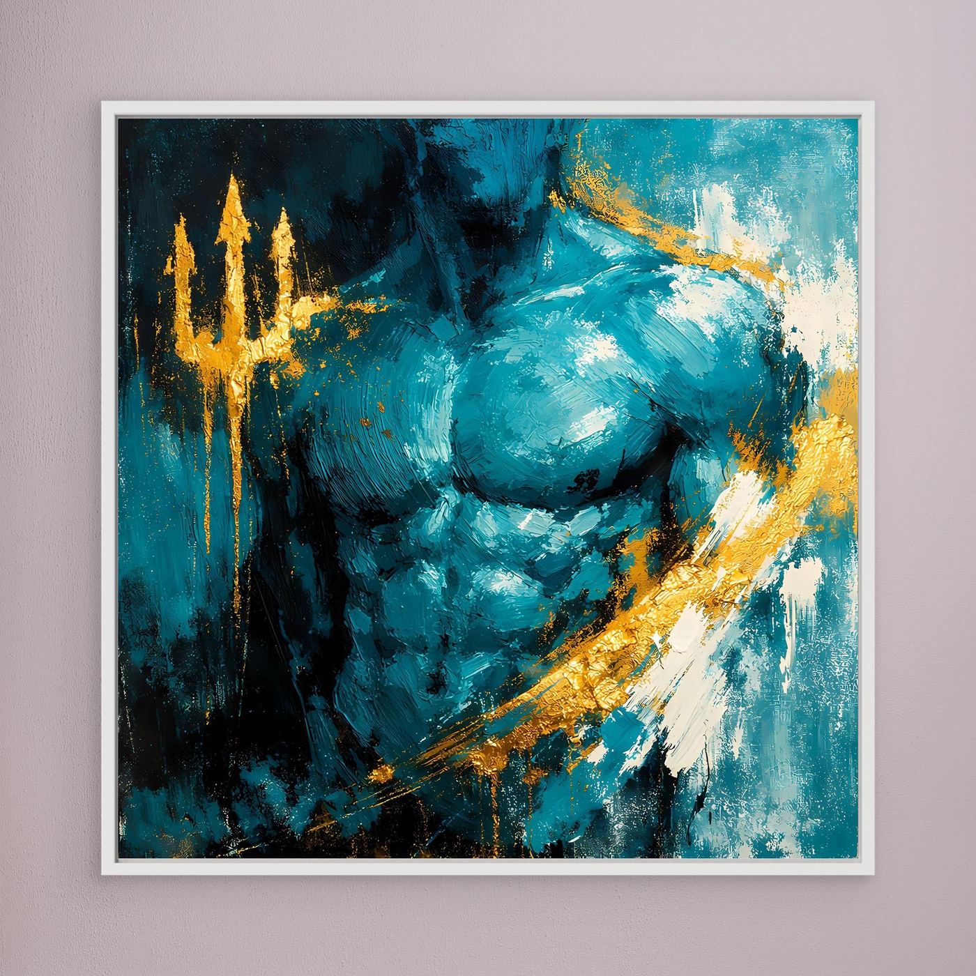 Leinwand Kraftvoller Poseidon in Türkis | Abstraktes Meeresgott Wandbild Gold