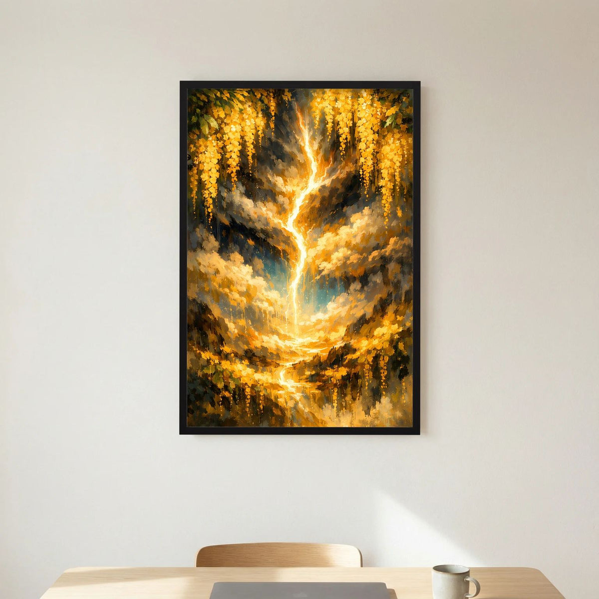 Hochformat-Poster mit goldenem Lebensbaum und Lichtflammen im Herz, in schwarzem Rahmen