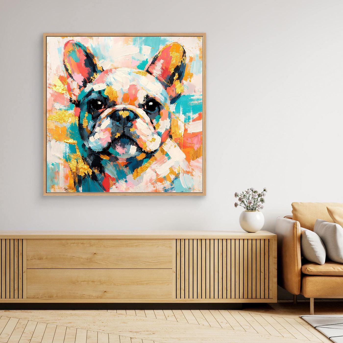 Leinwandbild Französische Bulldogge mit hellem Holzrahmen, abstraktes Farbporträt