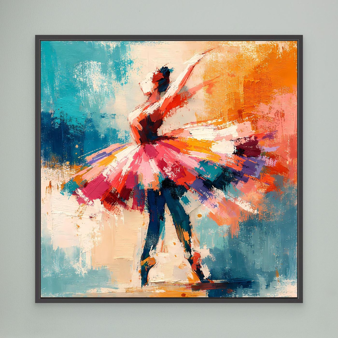 Black-framed abstract ballerina wall art, full-body dancer in red, blue, orange strokes.