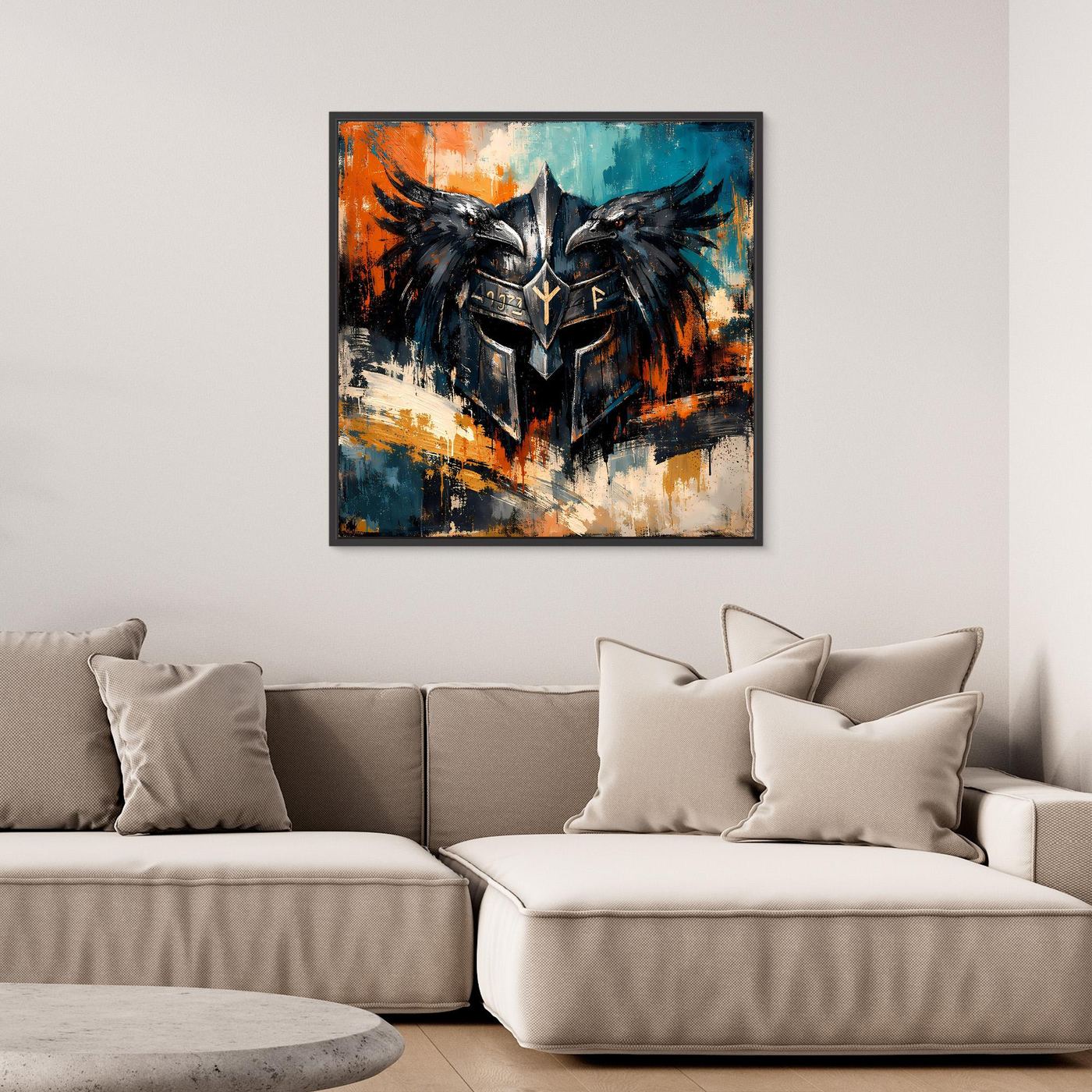Leinwand-Wandbild mit Odin-Helm und Raben, abstrakt, mehrfarbig, schwarzer Rahmen