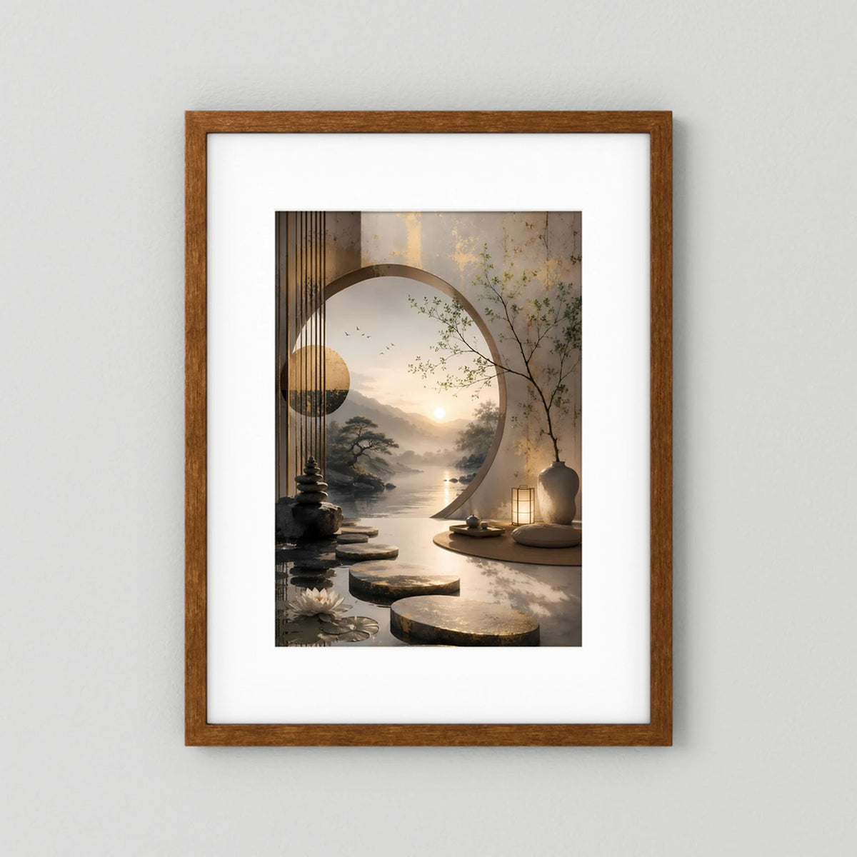 Poster im dunklen Holzrahmen mit weißem Rand: goldener Sonnenaufgang und rundes Spiegelmotiv
