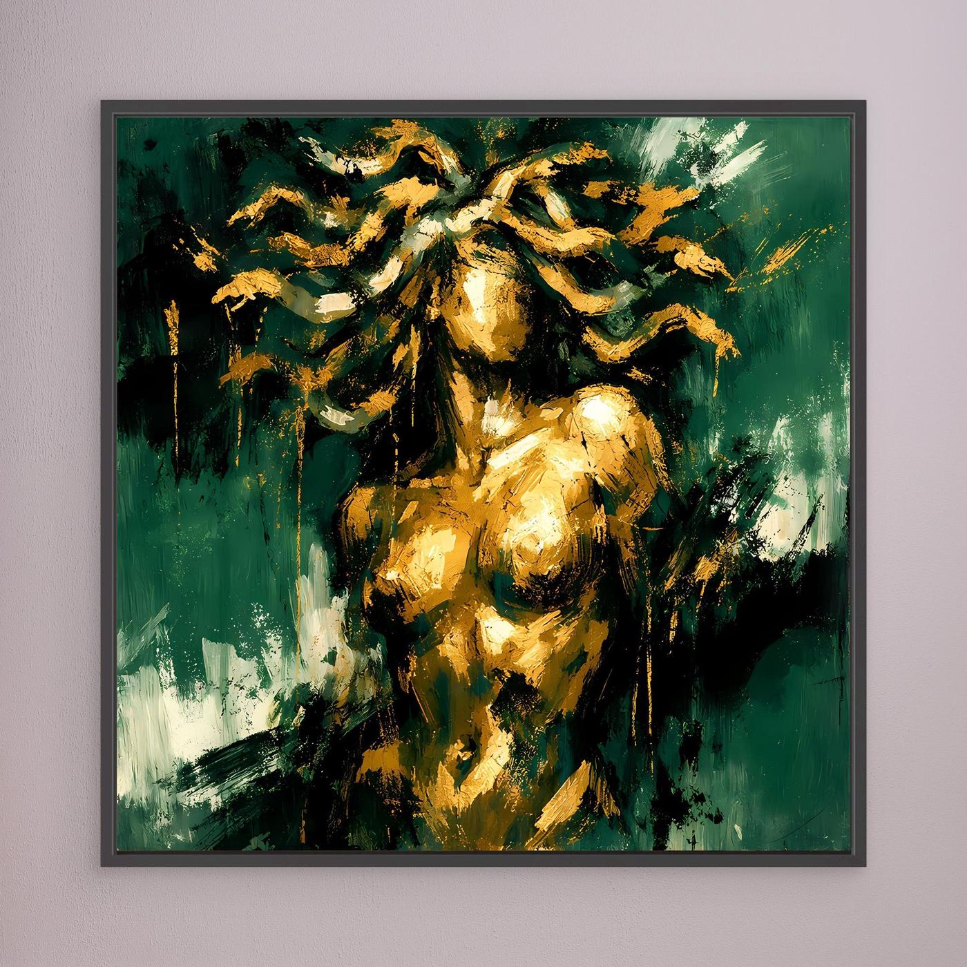 Leinwand Mystische Medusa in Smaragdgrün | Abstraktes Mythologie Wandbild Gold