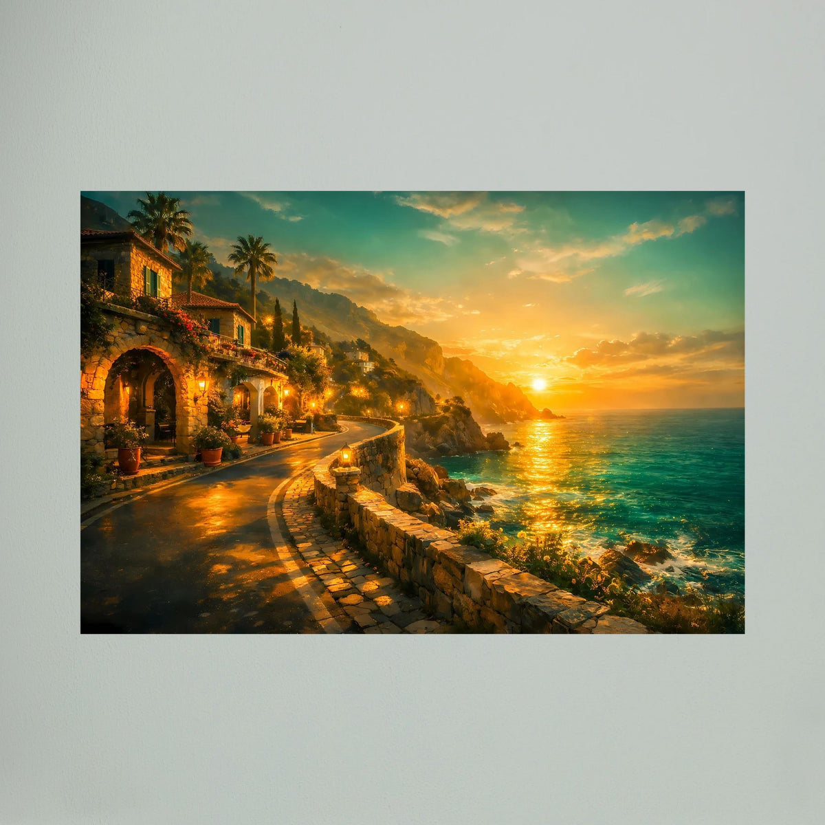 Wandbild im Querformat mit Küstenweg und Sonnenuntergang am Meer