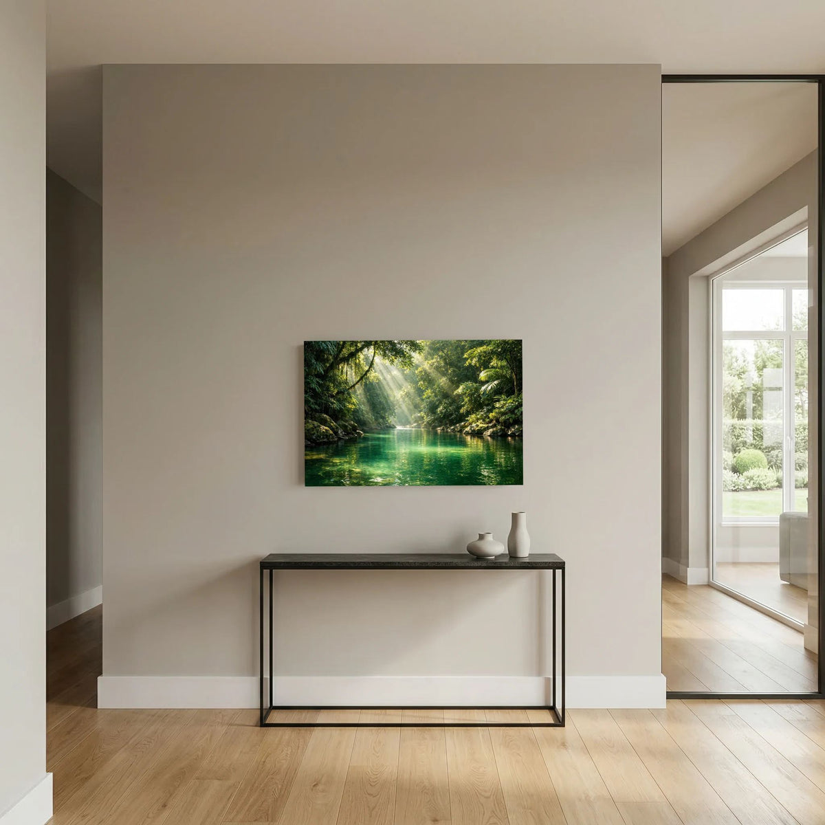 Querformat-Poster mit Dschungel-Flusslandschaft und grüner Wasserfläche