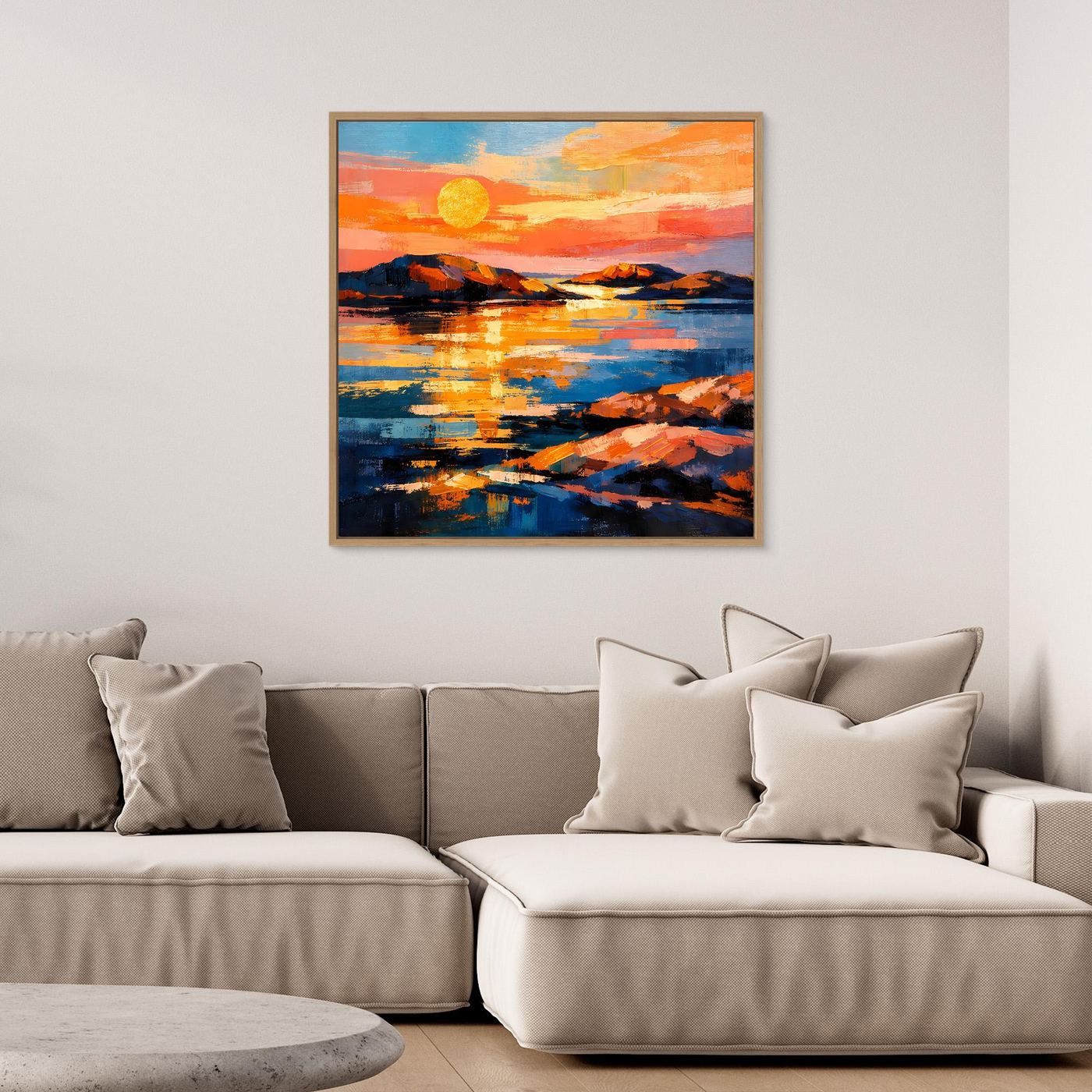 Abstraktes Leinwand-Wandbild mit Sonnenuntergang über dem Meer, orangefarben und blau, mit dunklem Rahmen