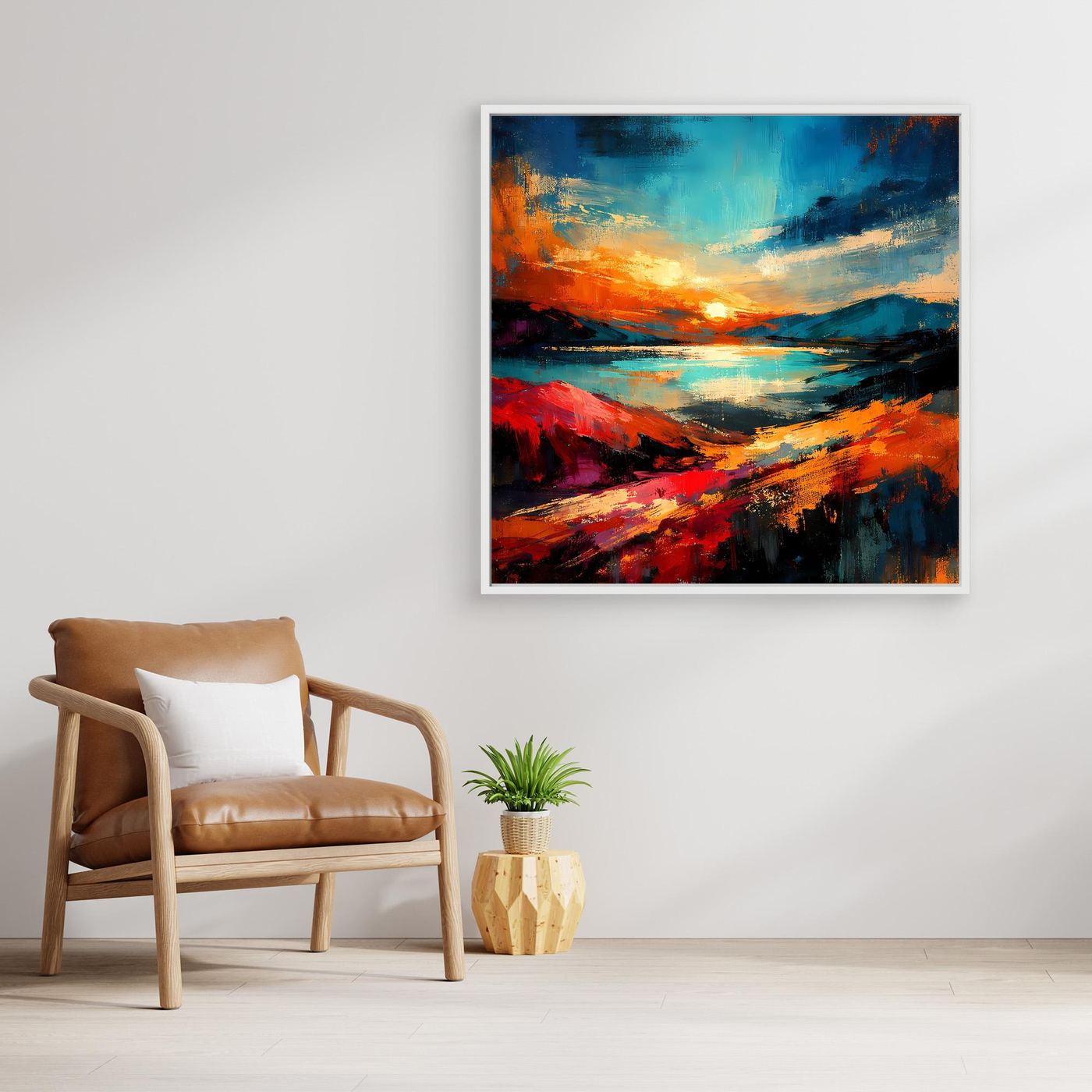 Abstraktes Leinwandbild mit Landschaftsmotiv in Blau, Rot und silberfarbenem Rahmen