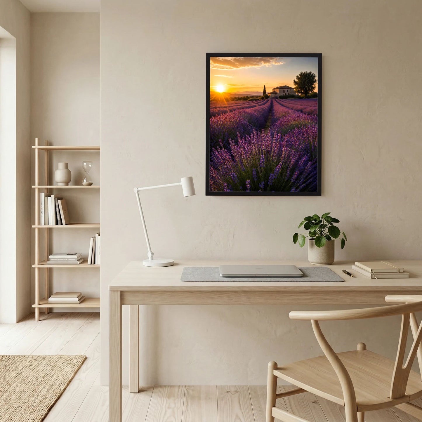 Gerahmtes Kunstposter Hochformat: Lavendelfeld in Reihen, Sonne im Abendhimmel
