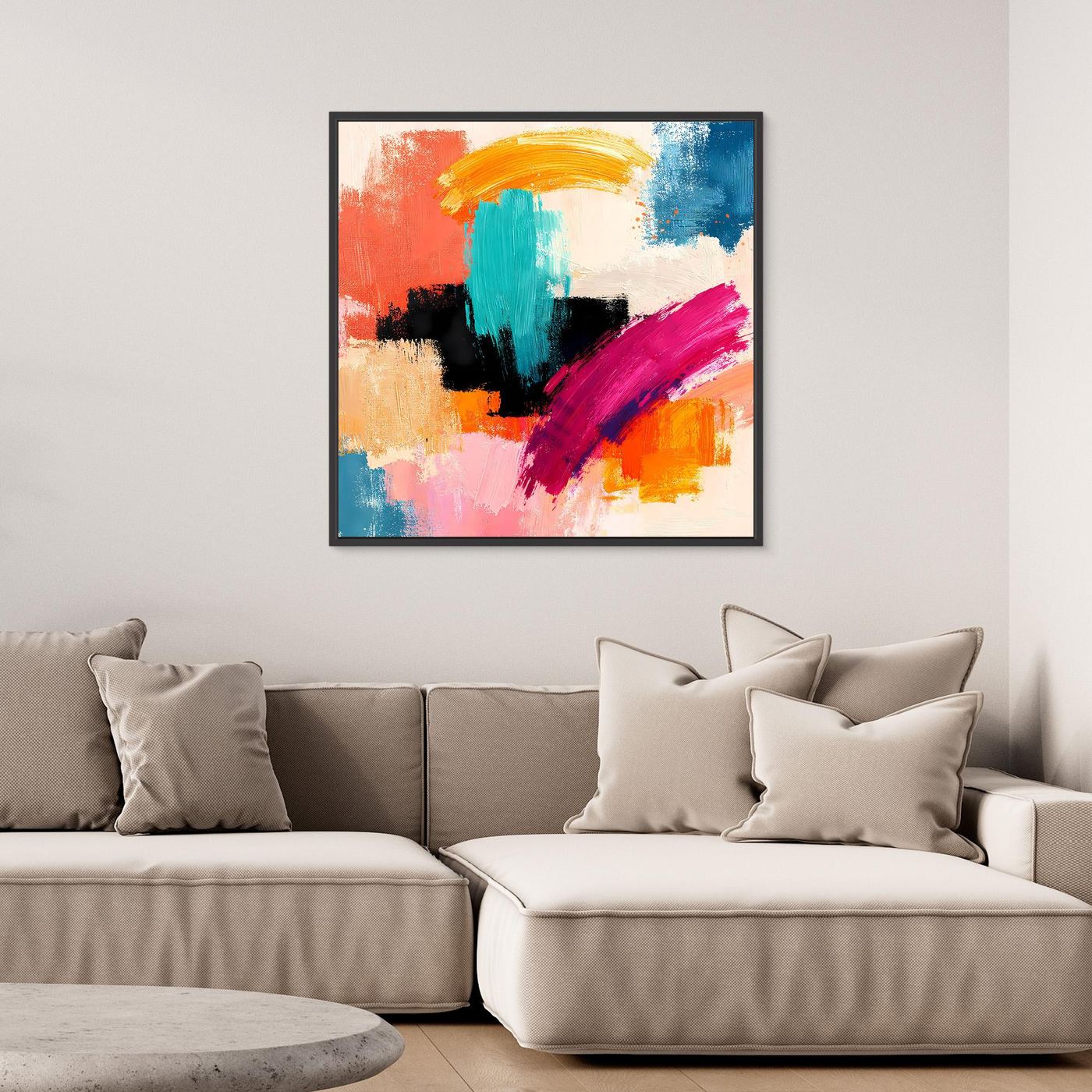 Abstraktes Leinwandbild mit bunten Pinselstrichen, quadratisch
