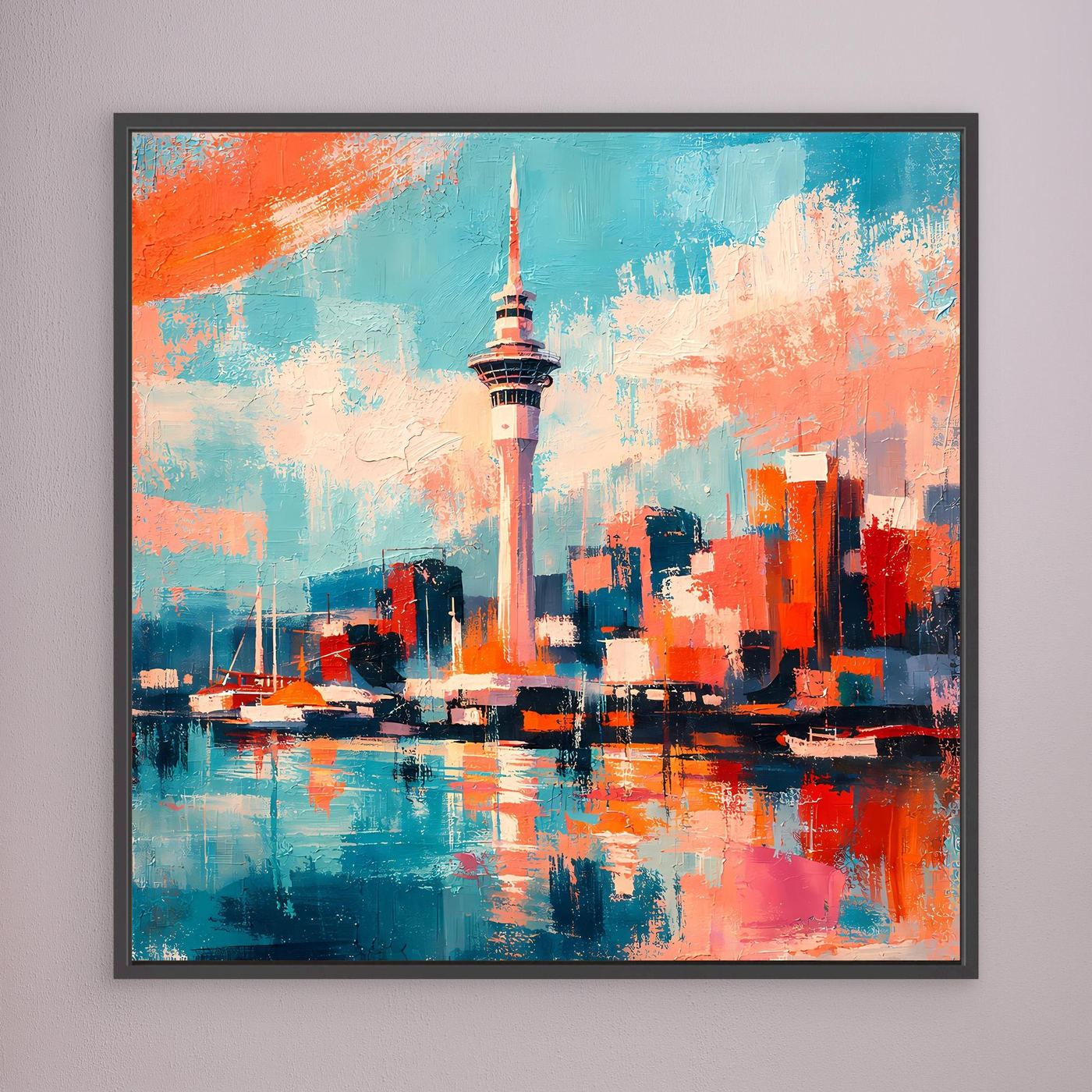 Wandbild mit abstrakter Skyline und Sky Tower, türkis-orangefarbener Farbverlauf, schwarzer Rahmen