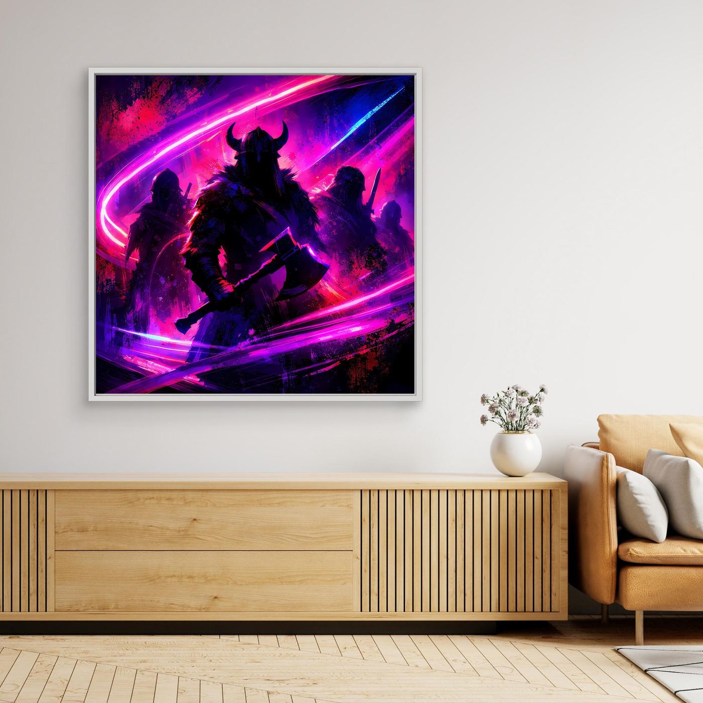 Gerahmtes Leinwandbild mit Wikingerkrieger in Neon Pink und Lila, dunkle Silhouette