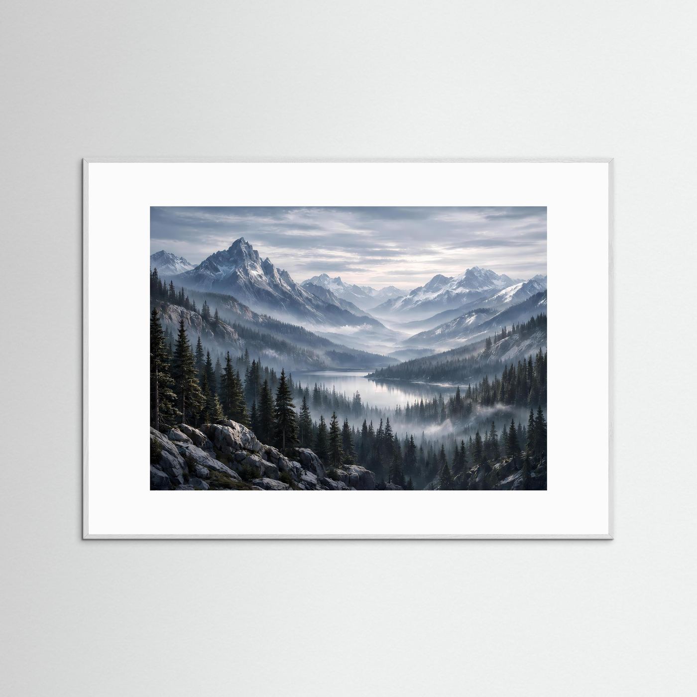 Querformat-Poster mit Bergsee-Landschaft, Nadelwald und Nebel, grauer Rahmen
