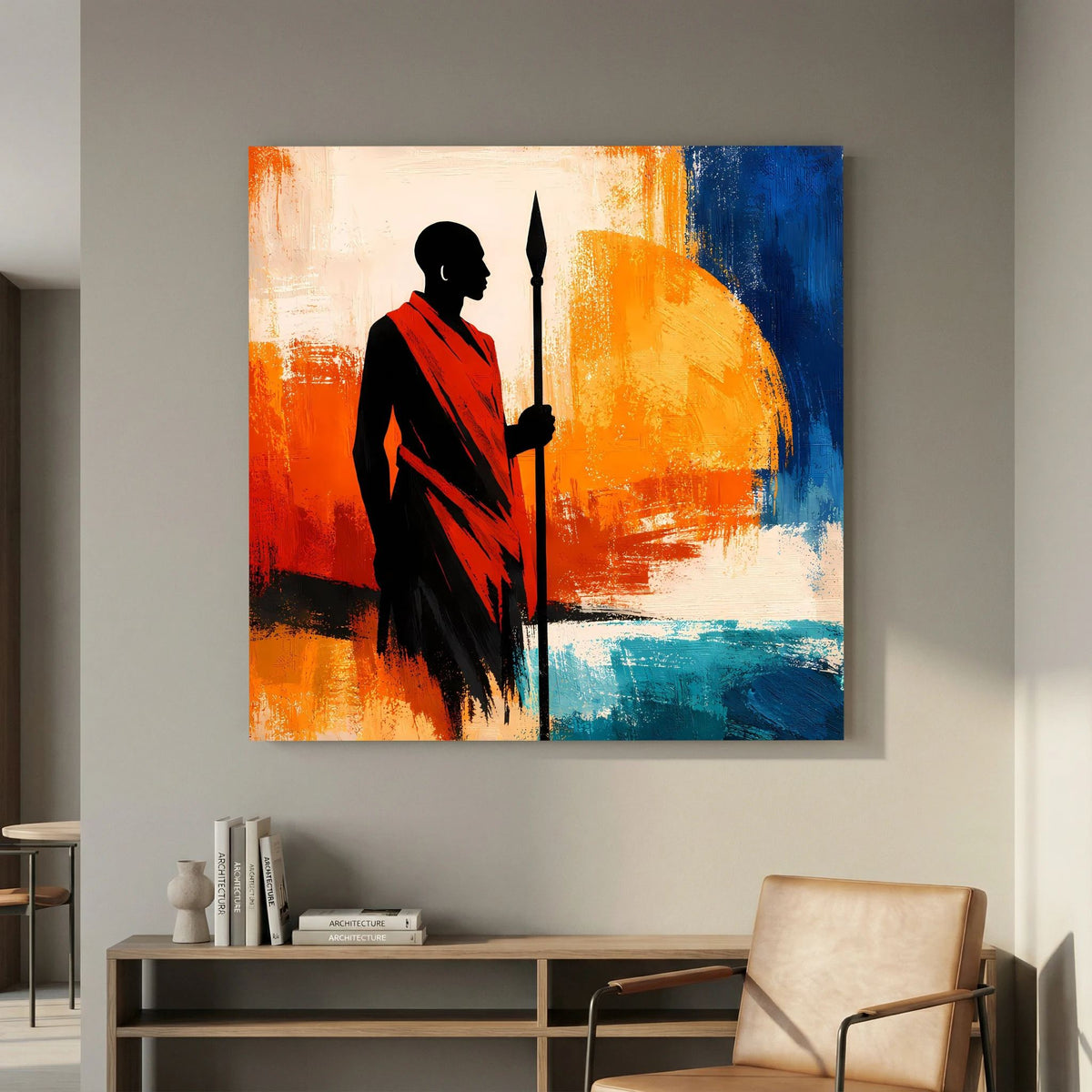 Quadratisches Wandbild mit Krieger-Silhouette, schwarzer Körper, roter Umhang, Speer, Orange-Blau.